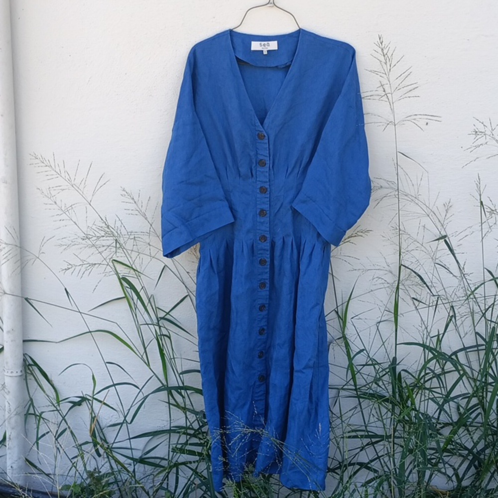 Sea New York, 4, Blue Linen Button Down Dress